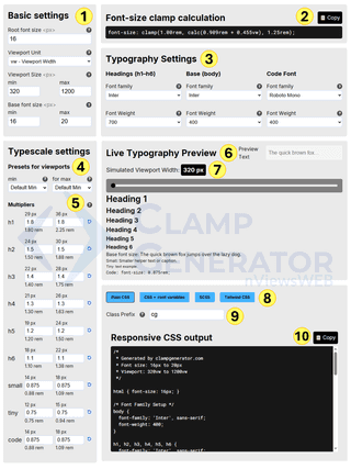 screenshot of font-size and typescale clamp generator tool with number mark to explain how to use the tool to optimize and create css for font settings